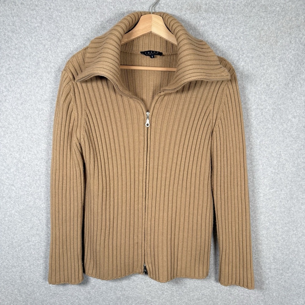 Tuzun merino wool zip up sweater womens small/medium stretch ribbed sailor beige